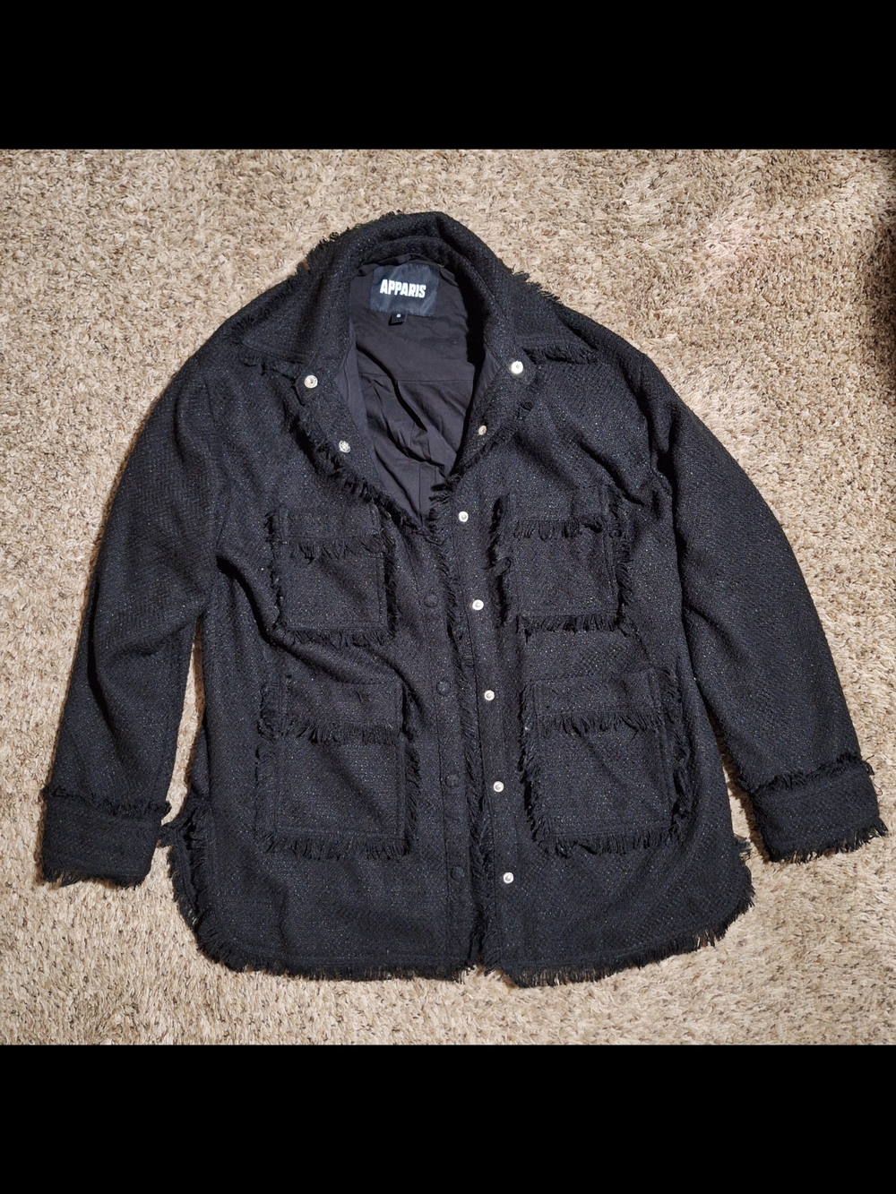 Apparis Noir Callie Tweed Raw Hem Feathered Fringe Shacket Coat Size S